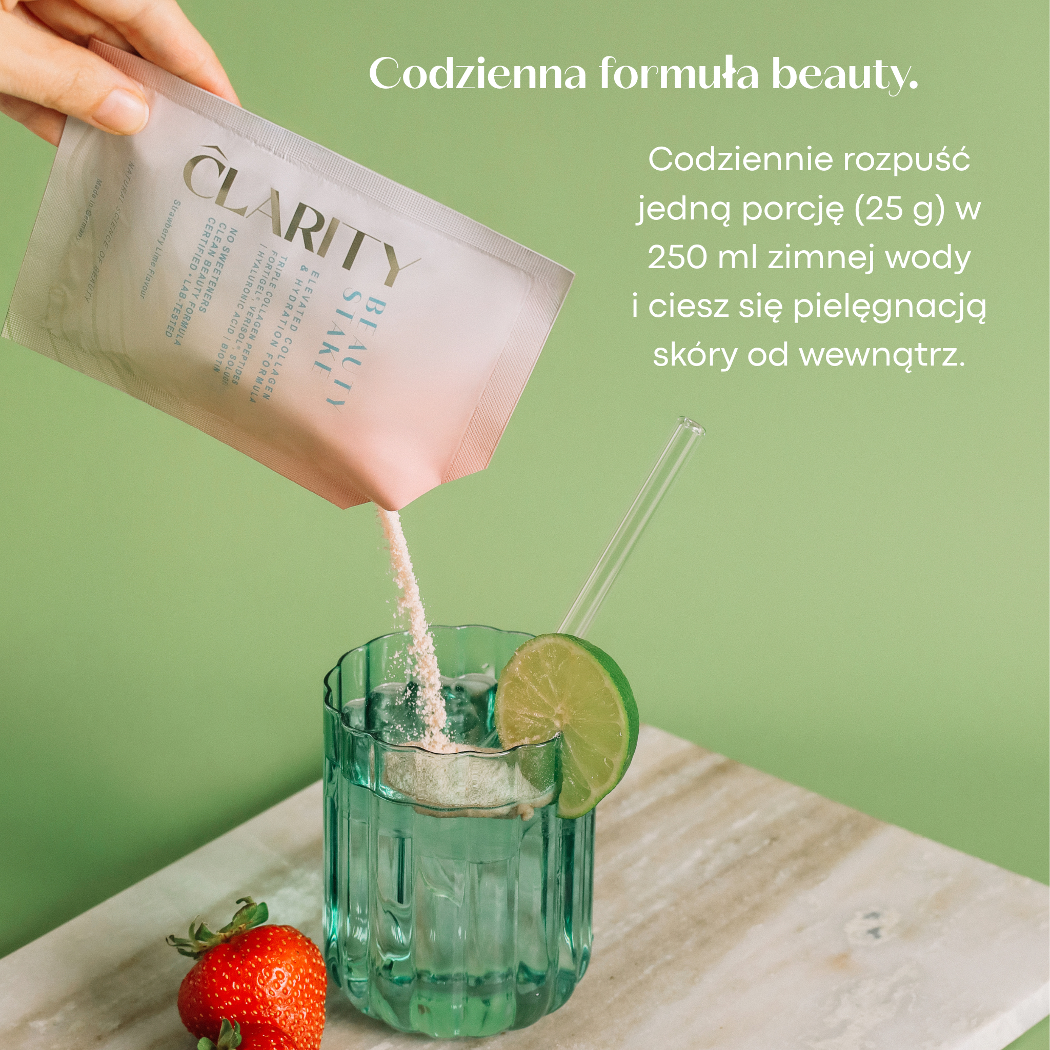 CLARITY Beauty Stake – kolagen z truskawkami i limonką, gotowy napój kolagenowy