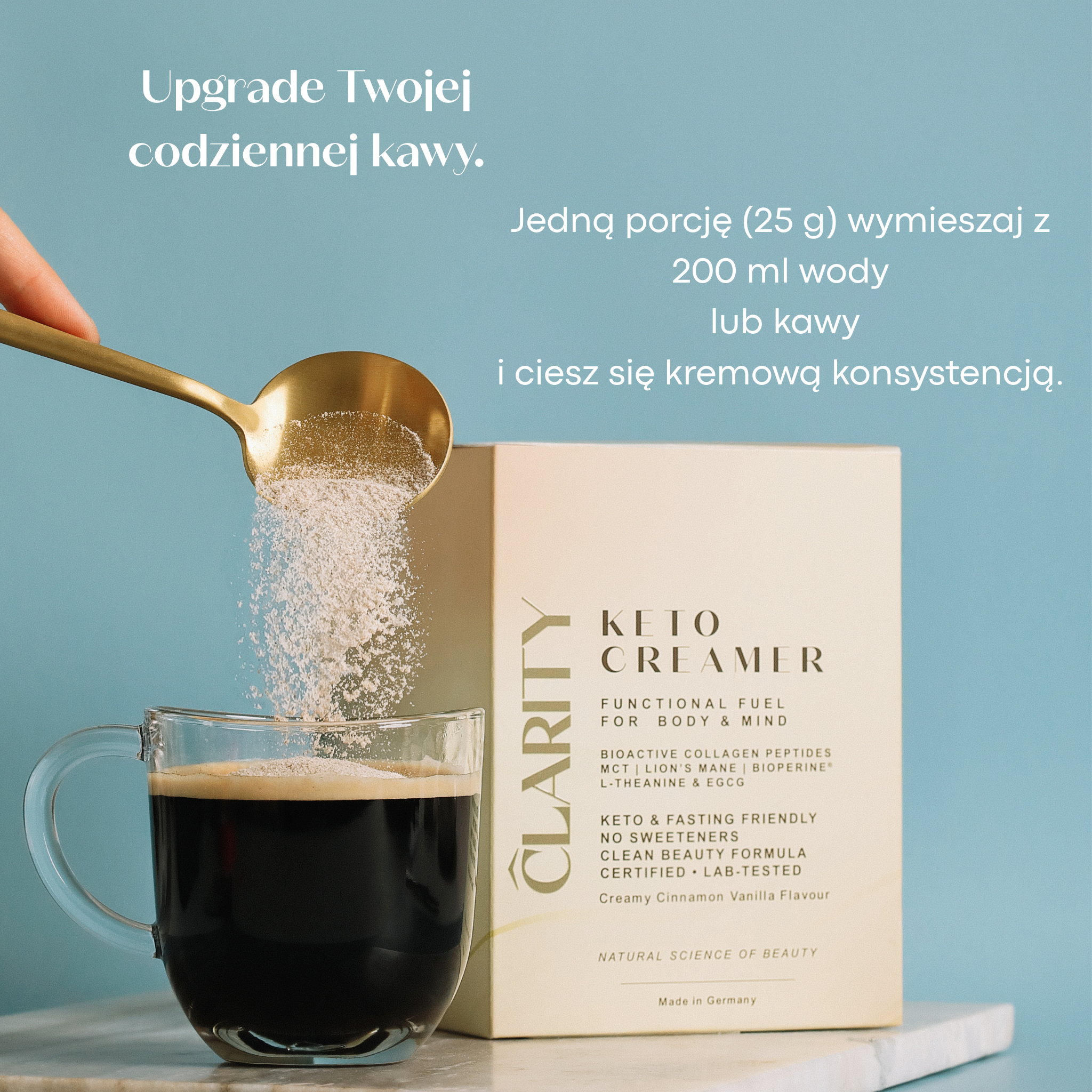 CLARITY Keto Creamer – wyróżniki: kolagen, zdrowe tłuszcze, Lions Mane