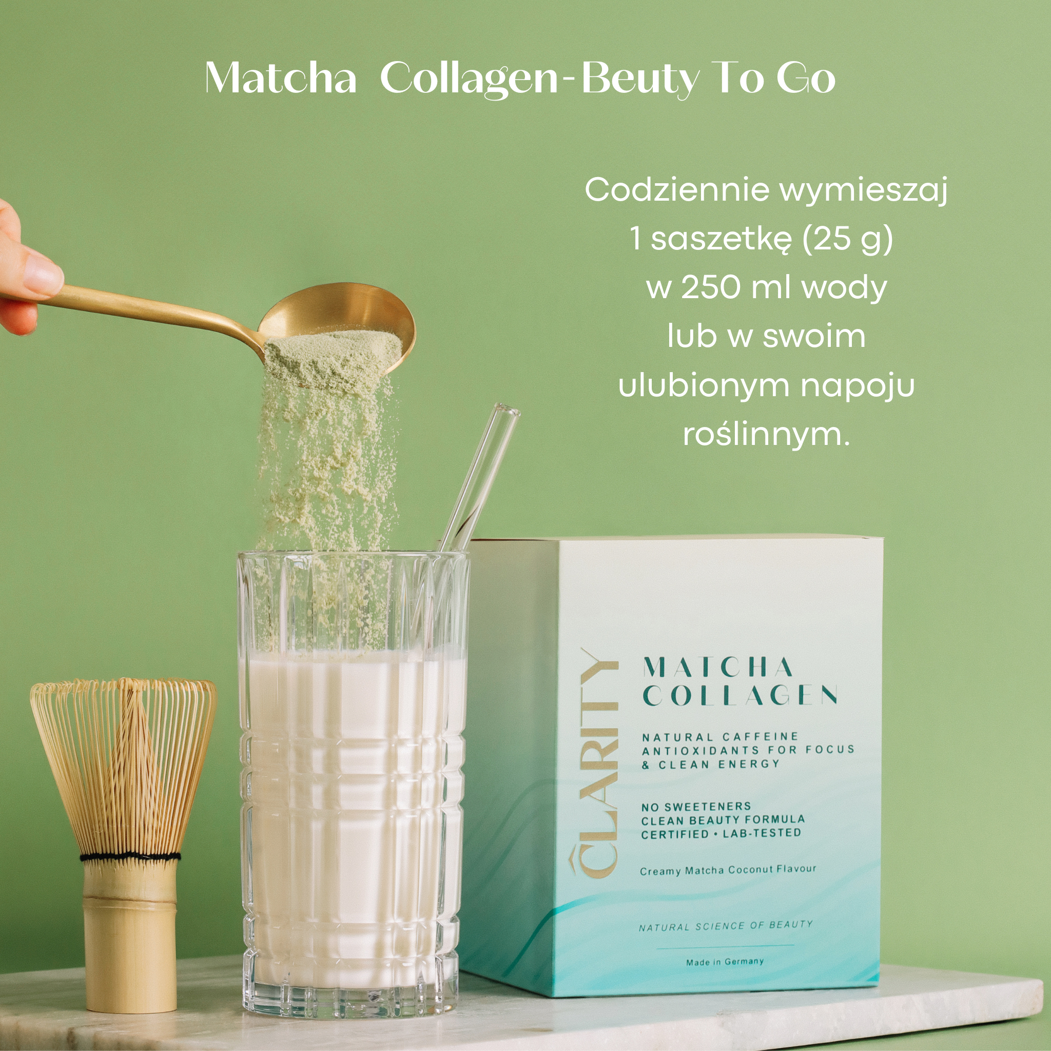 CLARITY Matcha Collagen – saszetka kolagenu matcha w podróży