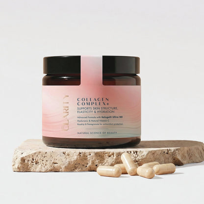 COLLAGEN COMPLEX+ | Intensywne nawilżenie od wewnątrz + 275 mg kwasu hialuronowego i witamina C · Dla bardziej sprężystej, gładkiej i promiennej skóry · 180 kapsułek