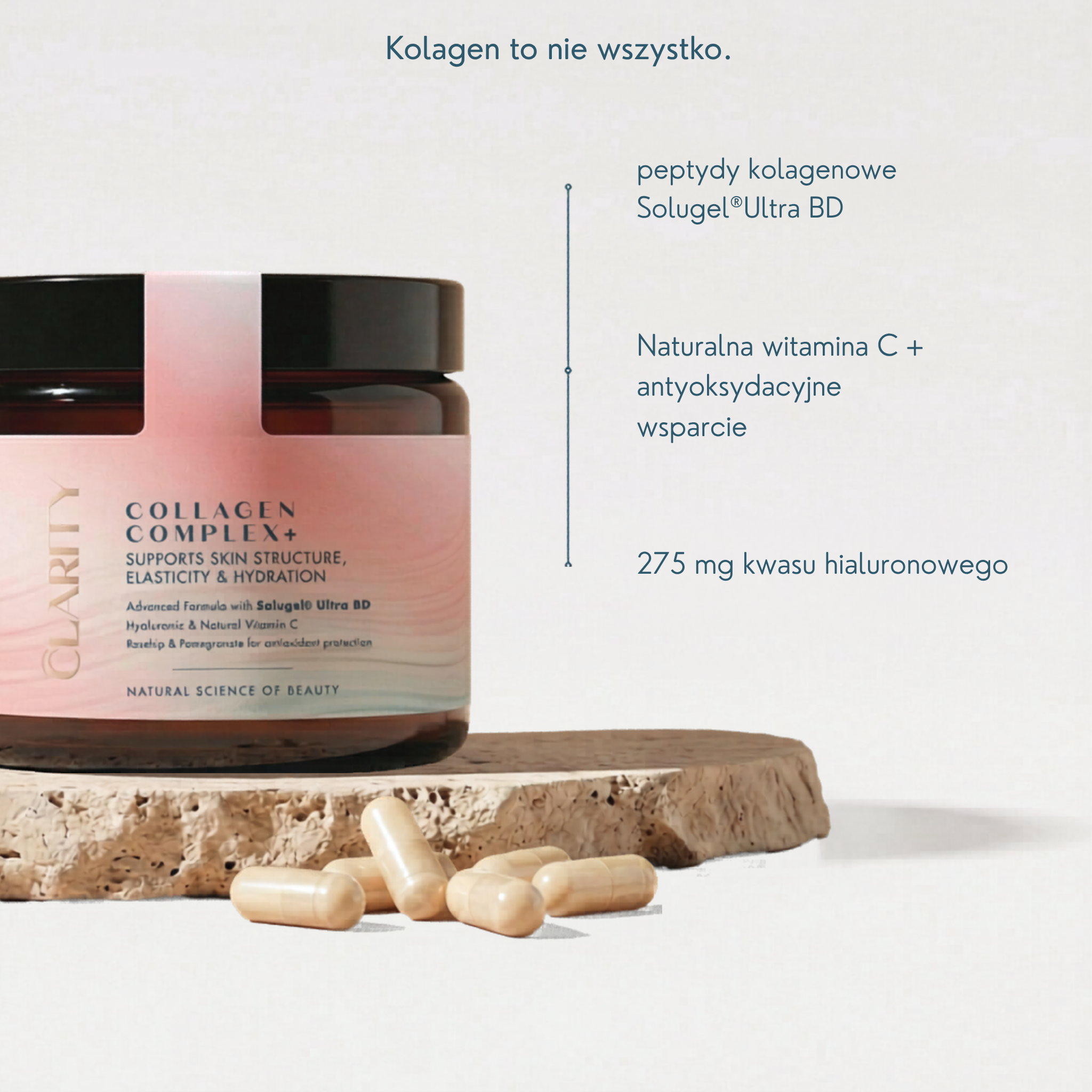 COLLAGEN COMPLEX+ | Intensywne nawilżenie od wewnątrz + 275 mg kwasu hialuronowego i witamina C · Dla bardziej sprężystej, gładkiej i promiennej skóry · 180 kapsułek