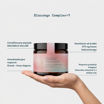 COLLAGEN COMPLEX+ | Intensywne nawilżenie od wewnątrz + 275 mg kwasu hialuronowego i witamina C · Dla bardziej sprężystej, gładkiej i promiennej skóry · 180 kapsułek
