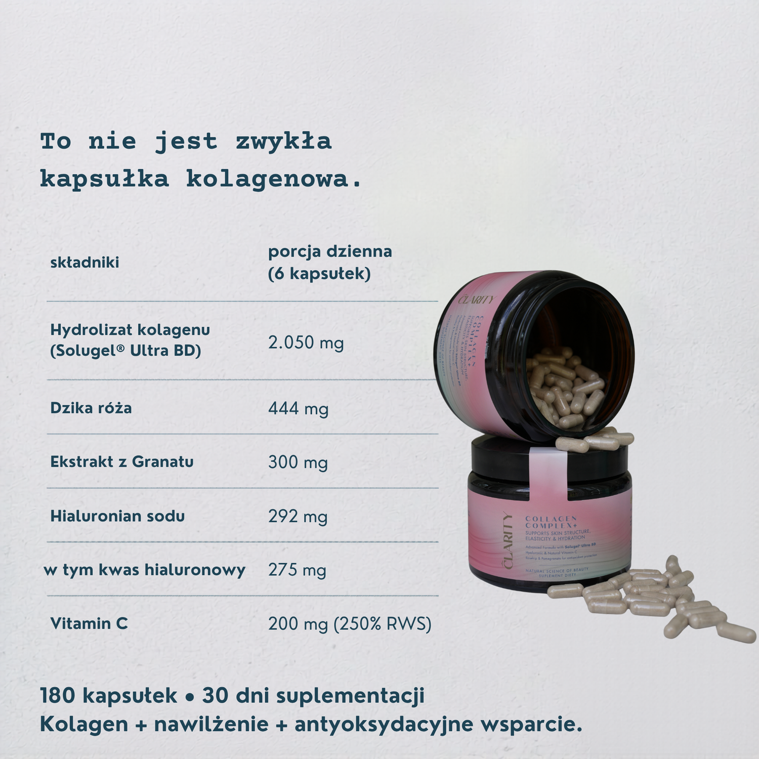 COLLAGEN COMPLEX+ | Intensywne nawilżenie od wewnątrz + 275 mg kwasu hialuronowego i witamina C · Dla bardziej sprężystej, gładkiej i promiennej skóry · 180 kapsułek